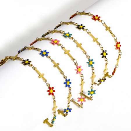 1 Strang 304 Edelstahl Religiös Handgefertigte Gliederkette Armband Vergoldet Kreuz Gänseblümchen Doppelseitige Emaille 17.5cm lang