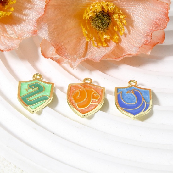 Picture of Zinc Based Alloy Charms Gold Plated Multicolor Pearlized Shield Animal Enamel 23mm x 16mm