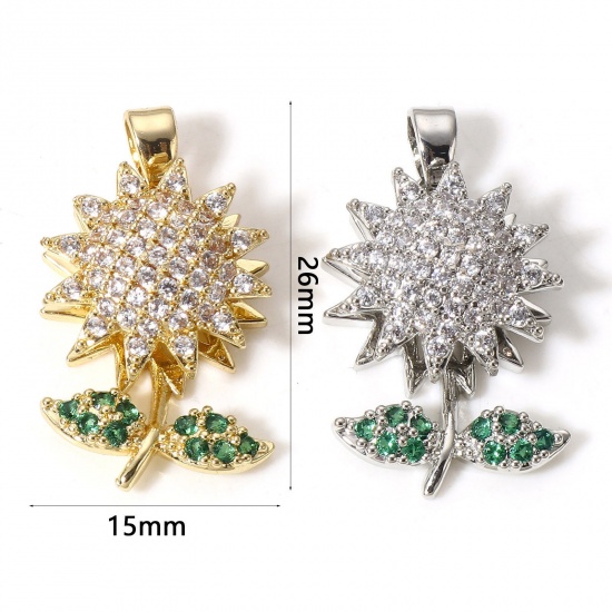 Picture of Brass Charm Pendant Multicolor Sunflower Rotatable Clear Cubic Zirconia 26mm x 15mm