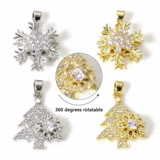 Picture of Brass Christmas Charm Pendant Multicolor Christmas Tree Snowflake Rotatable Clear Cubic Zirconia