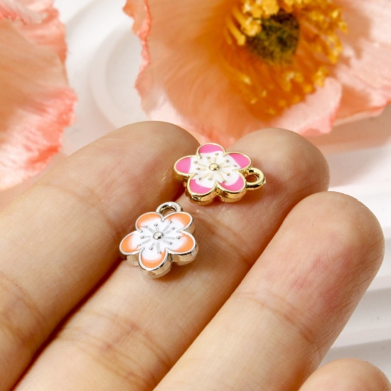 Picture of Zinc Based Alloy Charms Multicolor Sakura Flower Enamel 12mm x 10mm