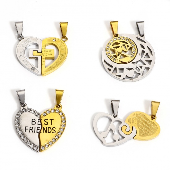 Image de 1 Kit Pendentifs en 304 Acier Inoxydable La Saint Valentin Plaqué Or & Argent Mat Soleil & Lune à Strass Transparent