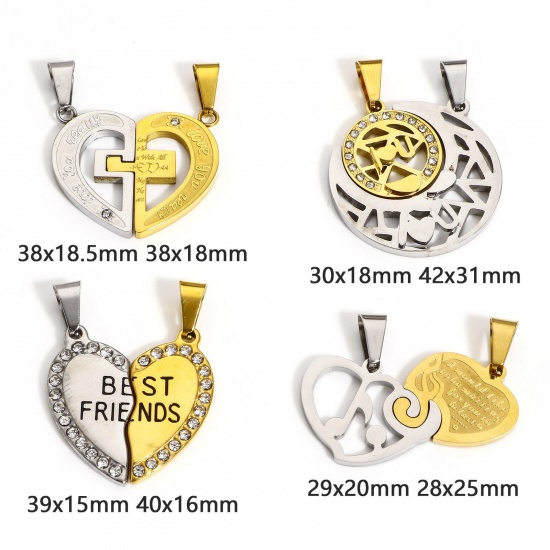 Image de 1 Kit Pendentifs en 304 Acier Inoxydable La Saint Valentin Plaqué Or & Argent Mat Soleil & Lune à Strass Transparent
