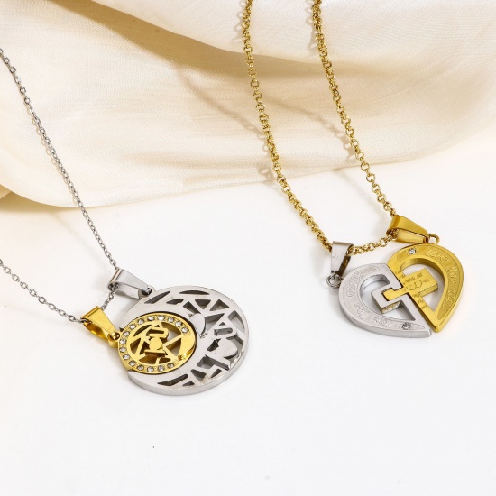 Image de 1 Kit Pendentifs en 304 Acier Inoxydable La Saint Valentin Plaqué Or & Argent Mat Soleil & Lune à Strass Transparent