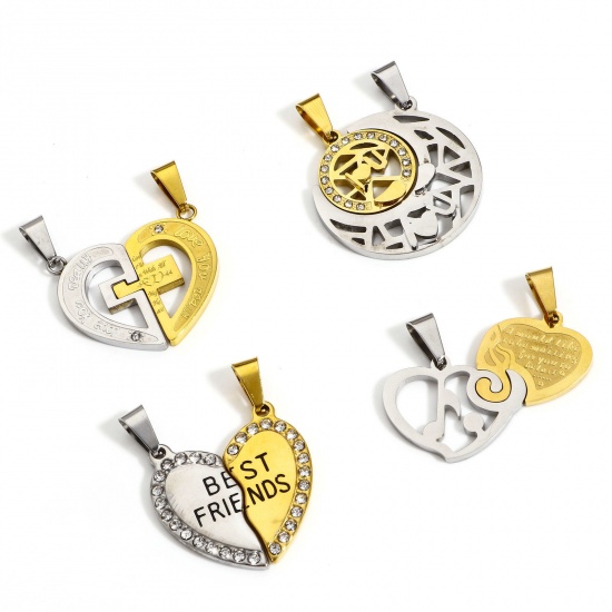 Image de 1 Kit Pendentifs en 304 Acier Inoxydable La Saint Valentin Plaqué Or & Argent Mat Soleil & Lune à Strass Transparent