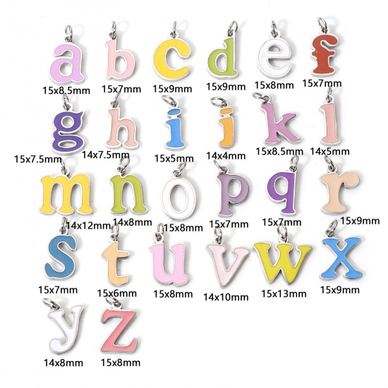 Picture of 304 Stainless Steel Charms Silver Tone Multicolor Lowercase Letter Message " A-Z " Enamel