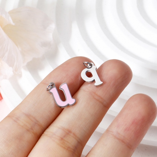 Picture of 304 Stainless Steel Charms Silver Tone Multicolor Lowercase Letter Message " A-Z " Enamel