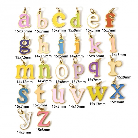 Picture of 304 Stainless Steel Charms Gold Plated Multicolor Lowercase Letter Message " A-Z " Enamel