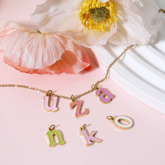 Picture of 304 Stainless Steel Charms Gold Plated Multicolor Lowercase Letter Message " A-Z " Enamel