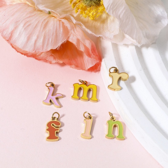 Picture of 304 Stainless Steel Charms Gold Plated Multicolor Lowercase Letter Message " A-Z " Enamel