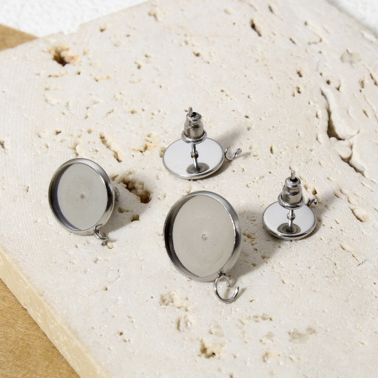 Picture of 304 Stainless Steel Ear Post Stud Earring With Loop Connector Accessories Round Silver Tone Cabochon Settings