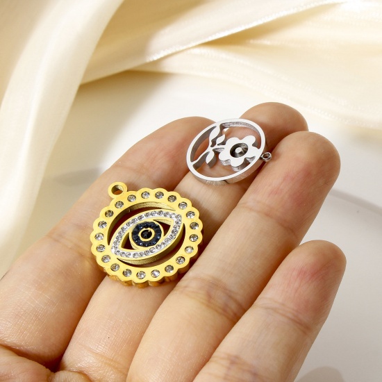 Bild von 1 Stück 304 Edelstahl Stilvoll Charms Rund Vergoldet Blumen Hohl Transparent Strass