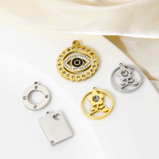Bild von 1 Stück 304 Edelstahl Stilvoll Charms Rund Vergoldet Blumen Hohl Transparent Strass