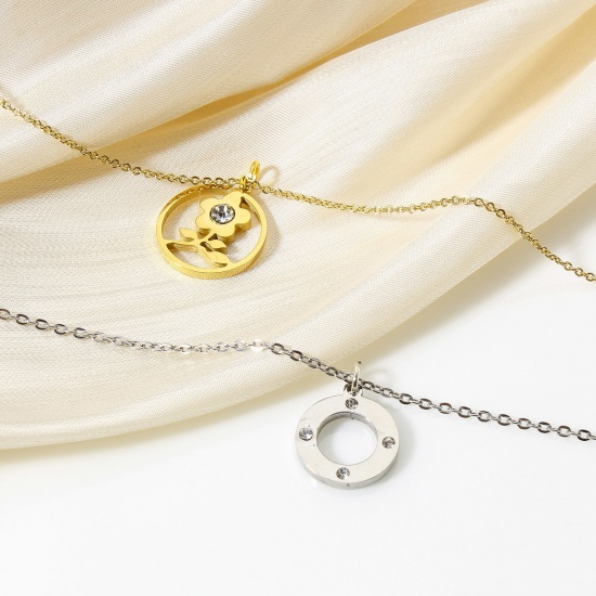 Bild von 1 Stück 304 Edelstahl Stilvoll Charms Rund Vergoldet Blumen Hohl Transparent Strass