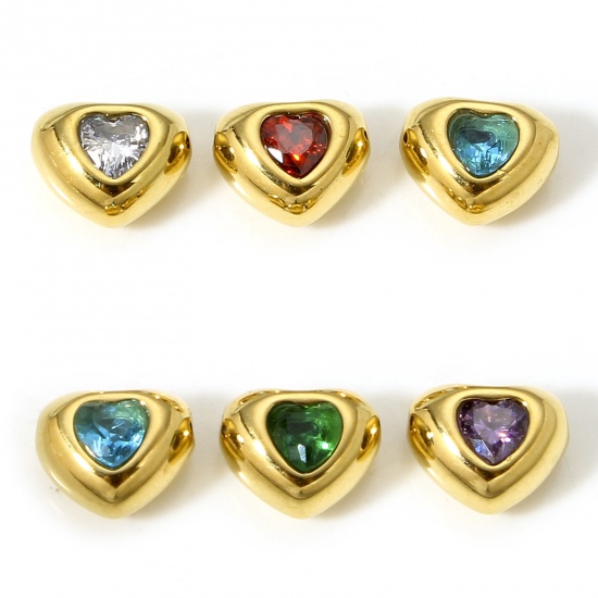 Picture of 304 Stainless Steel Birthstone Beads For DIY Charm Jewelry Making Heart Gold Plated Multicolor Rhinestone