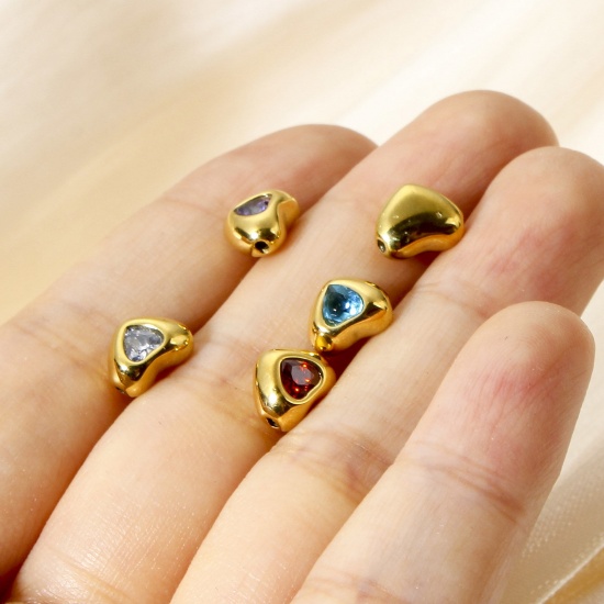 Picture of 304 Stainless Steel Birthstone Beads For DIY Charm Jewelry Making Heart Gold Plated Multicolor Rhinestone