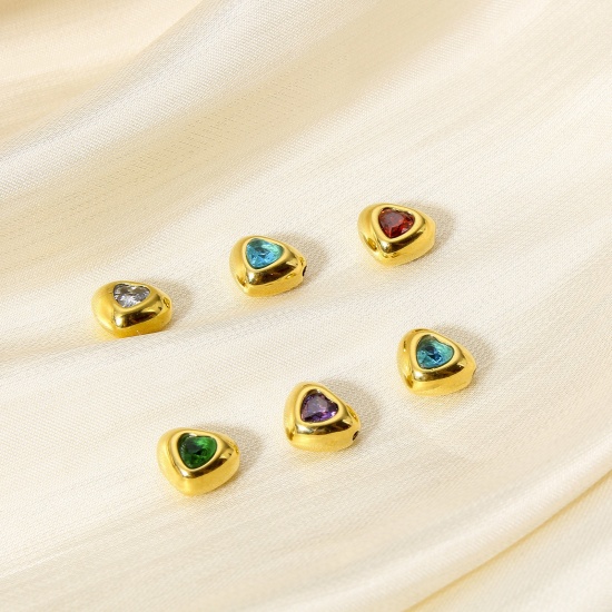 Immagine di 1 Pz 304 Acciaio Inossidabile Pietre Nascita Perline per la Creazione di Gioielli con Ciondoli Fai-da-te Cuore Oro Placcato Multicolore Strass