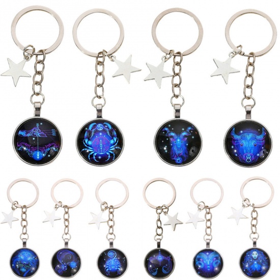 Bild von 1 Stück Glas Galaxis Schlüsselkette & Schlüsselring Silberfarbe Pentagramm Stern Sternbild