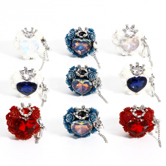 Picture of Zinc Based Alloy & Polymer Clay Baroque Beads For DIY Charm Jewelry Making Heart Multicolor Crown Pattern Rhinestone About 27mm x 27mm, Hole: Approx 2.6mm