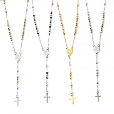 1 Pièce Collier Chapelet de Perles de Prière Chaîne à Maillons Faite à la Main en 304 Acier Inoxydable Religieux Croix Sainte Vierge Marie 53cm Long