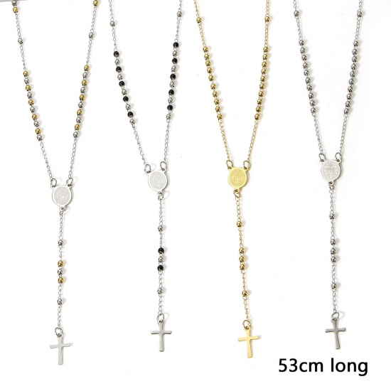 Picture of 304 Stainless Steel Religious Handmade Link Chain Prayer Beads Rosary Necklace Cross Virgin Mary 53cm(20 7/8") long