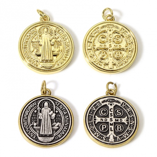Imagen de 1 Unidad Latón Religión Colgantes Charms Ronda Oro Real Chapado Medalla de San Benito Doble Cara 26mm x 20mm