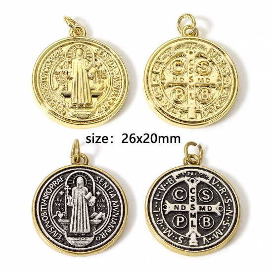 Imagen de 1 Unidad Latón Religión Colgantes Charms Ronda Oro Real Chapado Medalla de San Benito Doble Cara 26mm x 20mm