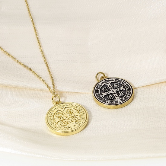 Imagen de 1 Unidad Latón Religión Colgantes Charms Ronda Oro Real Chapado Medalla de San Benito Doble Cara 26mm x 20mm
