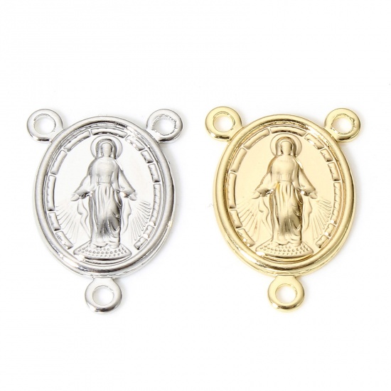 Picture of Brass Religious Connectors Charms Pendants Oval Virgin Mary Real Gold Plated 17mm x 12mm