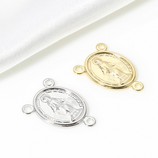 Picture of Brass Religious Connectors Charms Pendants Oval Virgin Mary Real Gold Plated 17mm x 12mm