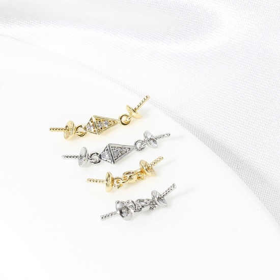 Picture of Brass Micro Pave Pearl Pendant Connector Bail Pin Cap Real Gold Plated Clear Cubic Zirconia                                                                                                                                                                   