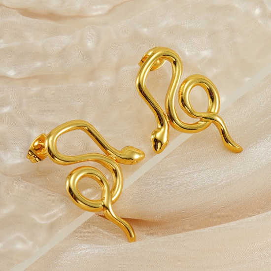 Picture of Eco-friendly Vacuum Plating Retro Stylish 18K Gold Color 304 Stainless Steel Snake Animal Ear Post Stud Earrings For Women Birthday