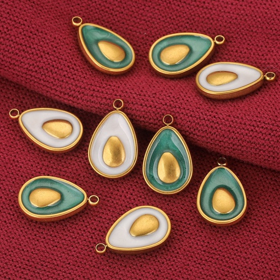 Picture of 304 Stainless Steel Charms 18K Gold Color Avocado Fruit Enamel 10mm x 17mm
