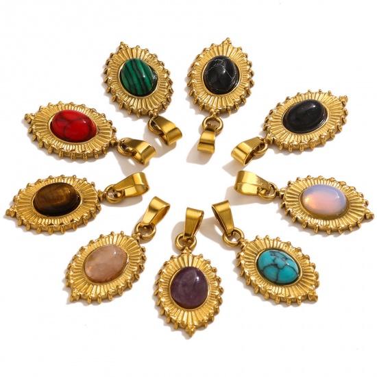 Picture of 304 Stainless Steel & Stone Boho Chic Bohemia Charms 18K Gold Plated Oval 13mm x 22mm