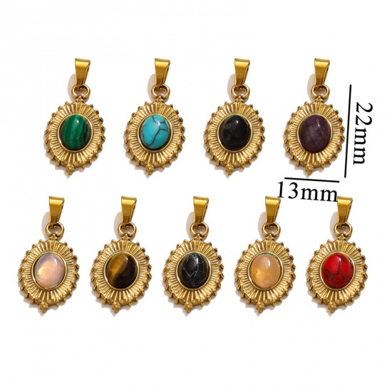 Picture of 304 Stainless Steel & Stone Boho Chic Bohemia Charms 18K Gold Plated Oval 13mm x 22mm