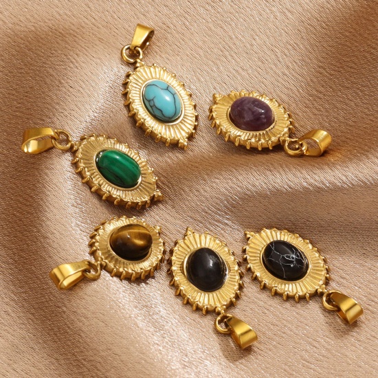 Picture of 304 Stainless Steel & Stone Boho Chic Bohemia Charms 18K Gold Plated Oval 13mm x 22mm