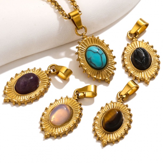 Picture of 304 Stainless Steel & Stone Boho Chic Bohemia Charms 18K Gold Plated Oval 13mm x 22mm