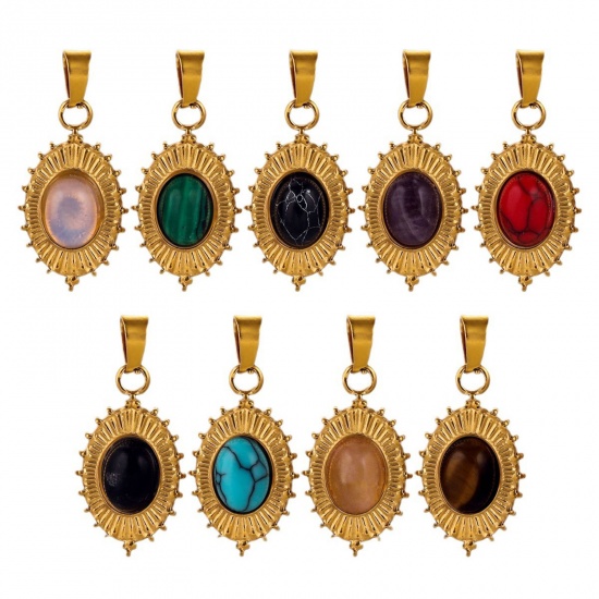 Picture of 304 Stainless Steel & Stone Boho Chic Bohemia Charms 18K Gold Plated Oval 13mm x 22mm