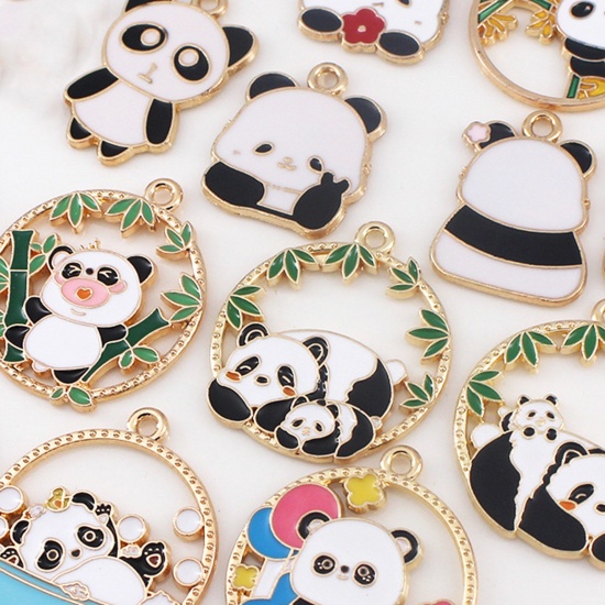 Picture of Zinc Based Alloy Charms Gold Plated Black & White Panda Animal Enamel