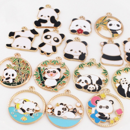 Picture of Zinc Based Alloy Charms Gold Plated Black & White Panda Animal Enamel