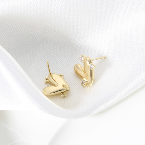 Picture of Brass Couple Ear Post Stud Earring With Loop Connector Accessories Real Gold Plated Heart Clear Cubic Zirconia                                                                                                                                                