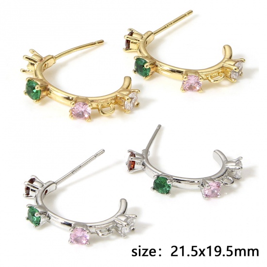 Picture of Brass Simple Ear Post Stud Earring With Loop Connector Accessories Real Gold Plated C Shape Multicolour Cubic Zirconia                                                                                                                                        