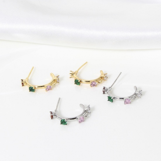 Picture of Brass Simple Ear Post Stud Earring With Loop Connector Accessories Real Gold Plated C Shape Multicolour Cubic Zirconia                                                                                                                                        