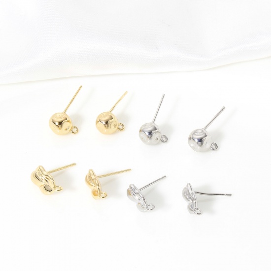 Picture of Brass Hammered Ear Post Stud Earring With Loop Connector Accessories Real Gold Plated Oval Embossing                                                                                                                                                          