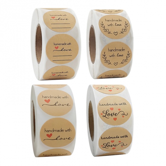 Immagine di 1 Rotolo Carta Kraft Sigilli Adesivi Etichette Marrone Tondo Lettere " Handmade with love " 25mm Dia