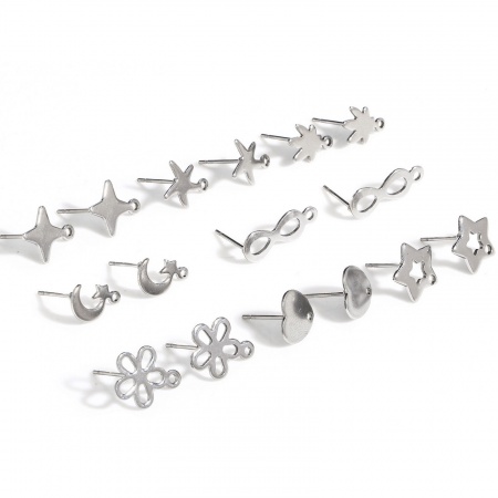304 Stainless Steel Ear Post Stud Earring With Loop Connector Accessories Silver Tone