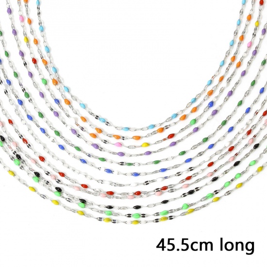 Imagen de 1 Unidad 304 Acero Inoxidable Cadena de Labios Collares Tono de Plata Esmalte 45.5cm longitud, Cadena: 2mm