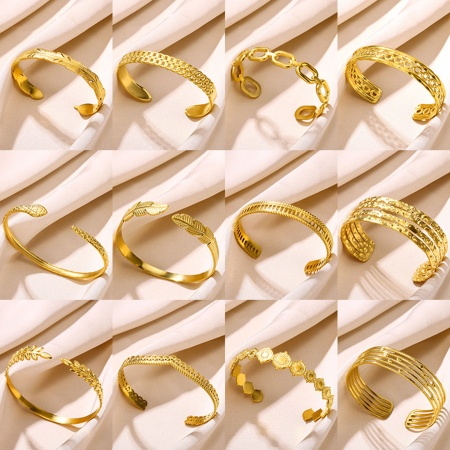 304 Stainless Steel Open Cuff Bangles Bracelets 18K Gold Plated Texture Textured 5.8cm Dia.
