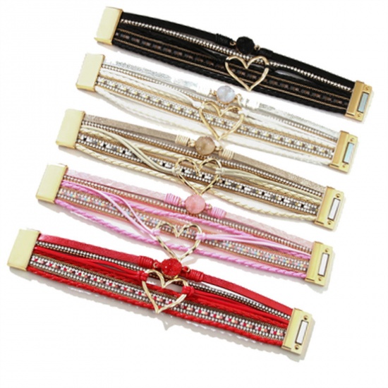 Immagine di 1 Pz PU Cuoio Stile Bohemien Bracciale Multistrato a Strati Multicolore Cuore