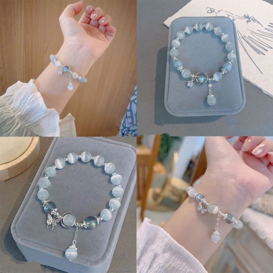 Picture of Lampwork Glass Ins Style Charm Bracelets Silver Tone Star Butterfly Cat's Eye Imitation